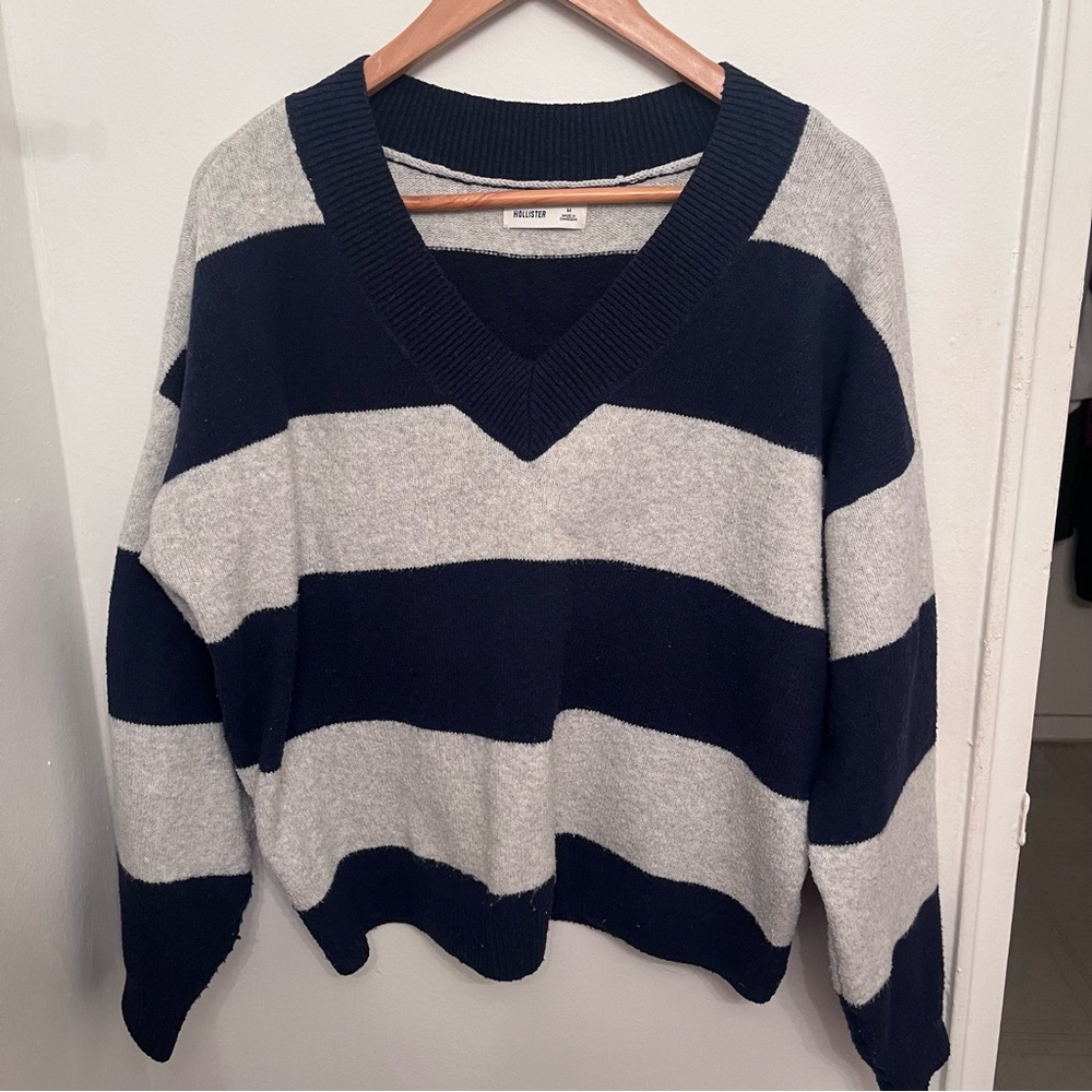 Hollister Navy and Gray Striped V-Neck Sweater